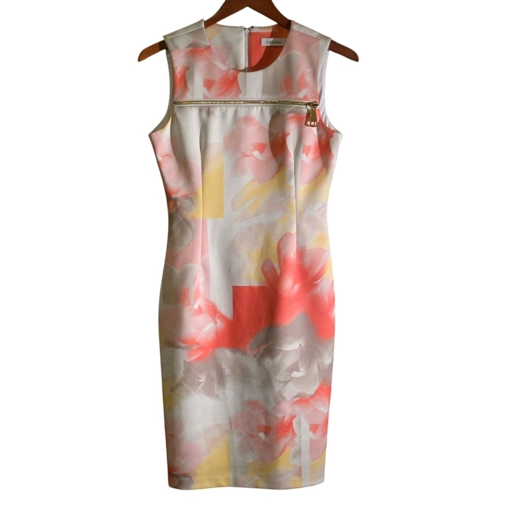 Calvin Klein Sleeveless Midi Bodycon Pencil Dress Tropical Design Women Size 2